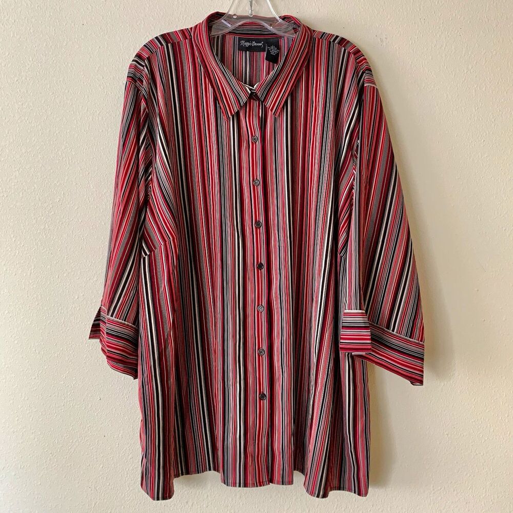 Maggie Barnes Women’s Red Black White Striped Button-Up Blouse 3/4 Sleeve Top 4X